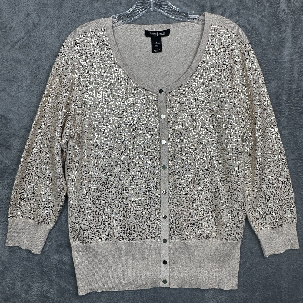 White House Black Market Sequin Cardigan Large Champagne Rose Gold Metallic